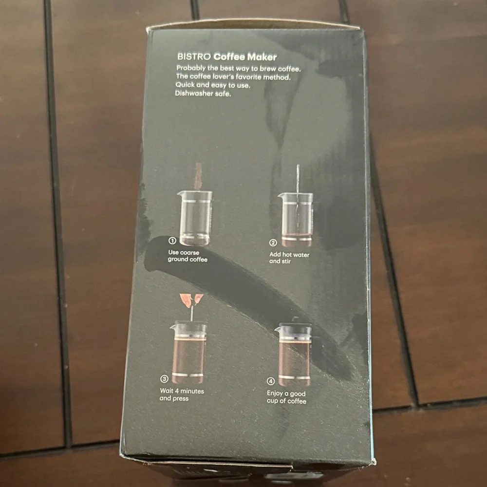 New in Box Bodum Bistro Set with Black Coffee Maker and Tumblers